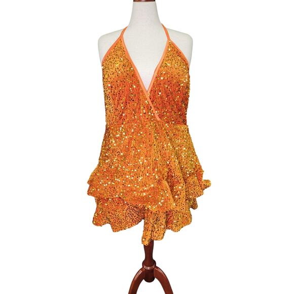 NWT Fun Orange Sequin V-Neck Halter Dress with Open Back - Picture 1 of 12